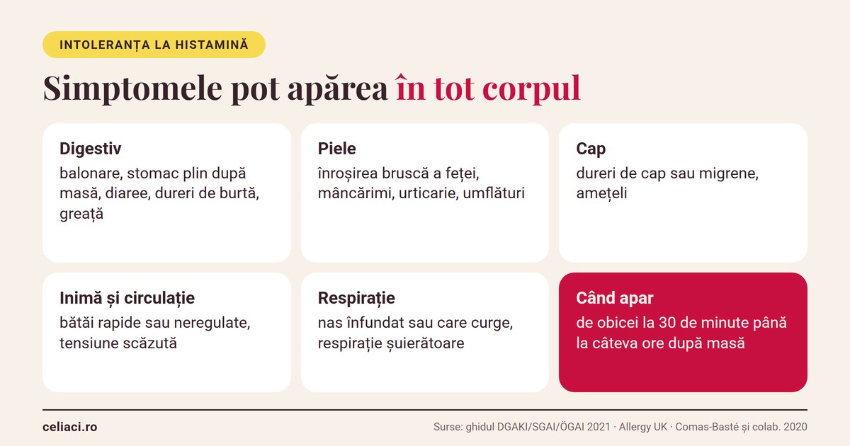 Simptomele intoleranței la histamină, pe grupe: digestive, piele, cap, inimă și circulație, respirație